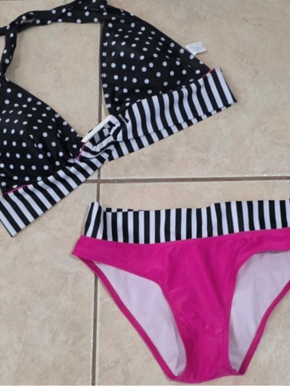 Polka Dot & Stripe Bikini Set with Hot Pink Bottoms